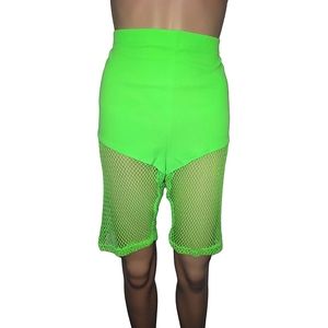 Neon green fishnet biker shorts